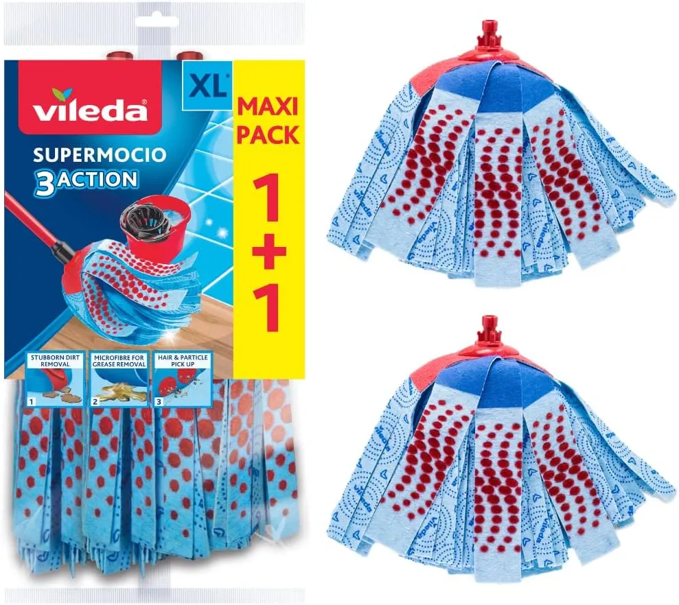 Vileda SuperMocio 3Action XL Mop Refill, Pack of 2 SuperMocio 3 Action Mop Head Replacements, Fits All SuperMocio Mops, Authentic Mop Head, Multi-Colour