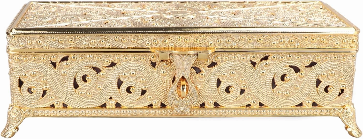 Vintage Metal Jewelry Box Exquisite Patterns Soft Velvet Protection Storage for Women Necklace Earrings Rings (Gold)