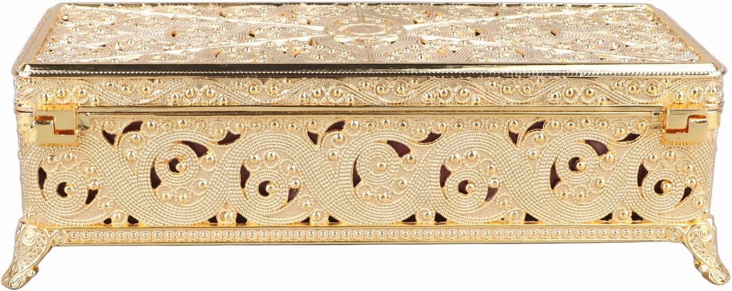 Vintage Metal Jewelry Box Exquisite Patterns Soft Velvet Protection Storage for Women Necklace Earrings Rings (Gold)