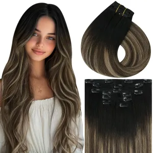 Vivien Black Clip in Hair Extensions - Real Human Hair Balayage Ombre Dark Brown With Caramel Blonde - Remy Human Hair for Women 80g 12 Inch 7pcs