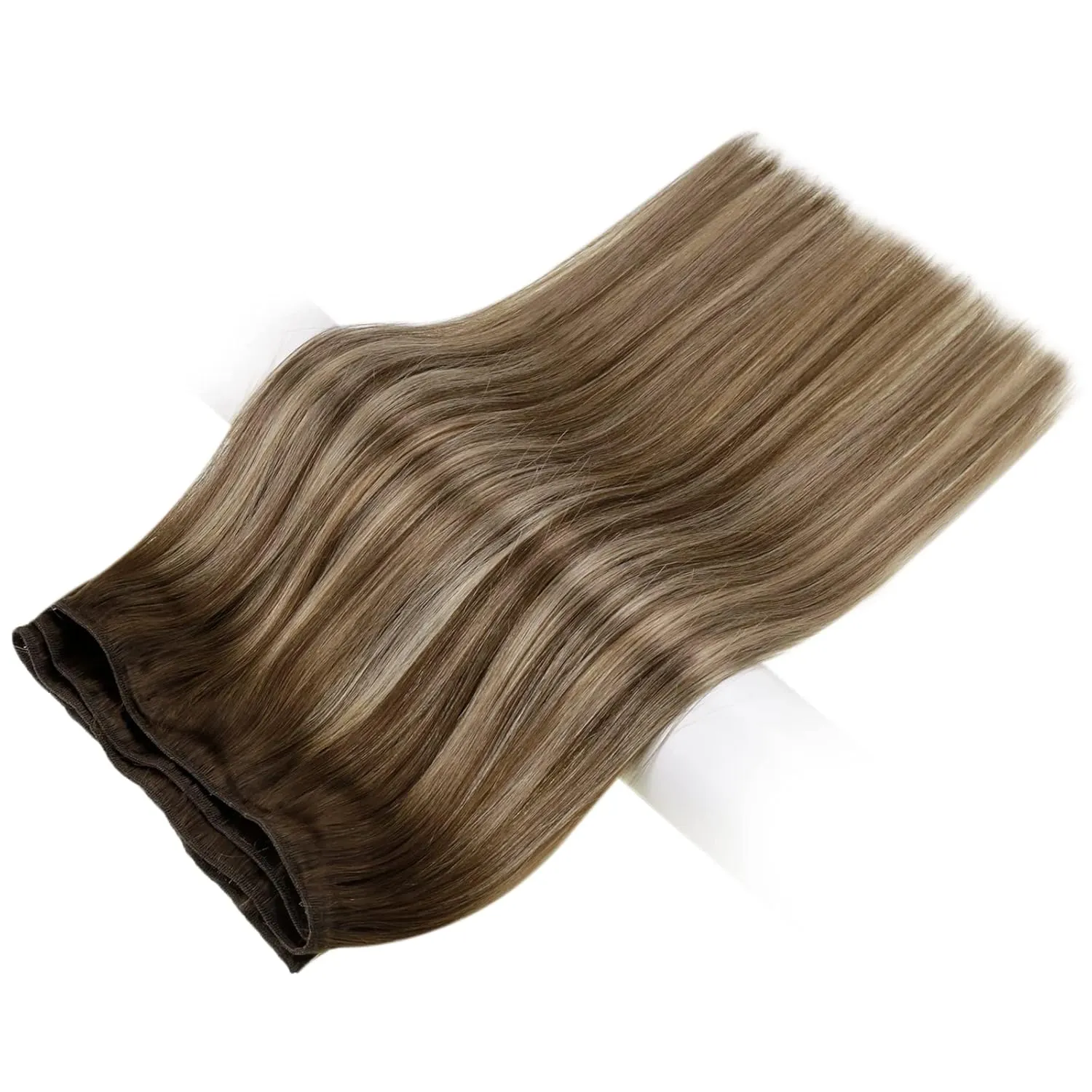 Vivien Black Clip in Hair Extensions - Real Human Hair Balayage Ombre Dark Brown With Caramel Blonde - Remy Human Hair for Women 80g 12 Inch 7pcs
