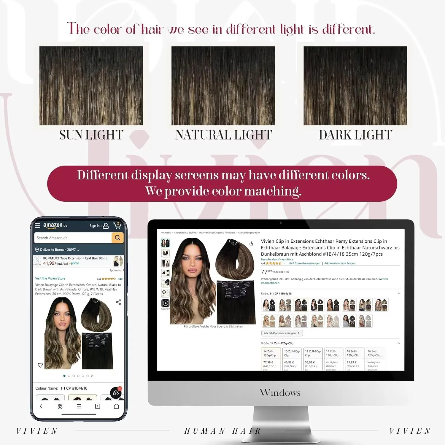 Vivien Black Clip in Hair Extensions - Real Human Hair Balayage Ombre Dark Brown With Caramel Blonde - Remy Human Hair for Women 80g 12 Inch 7pcs
