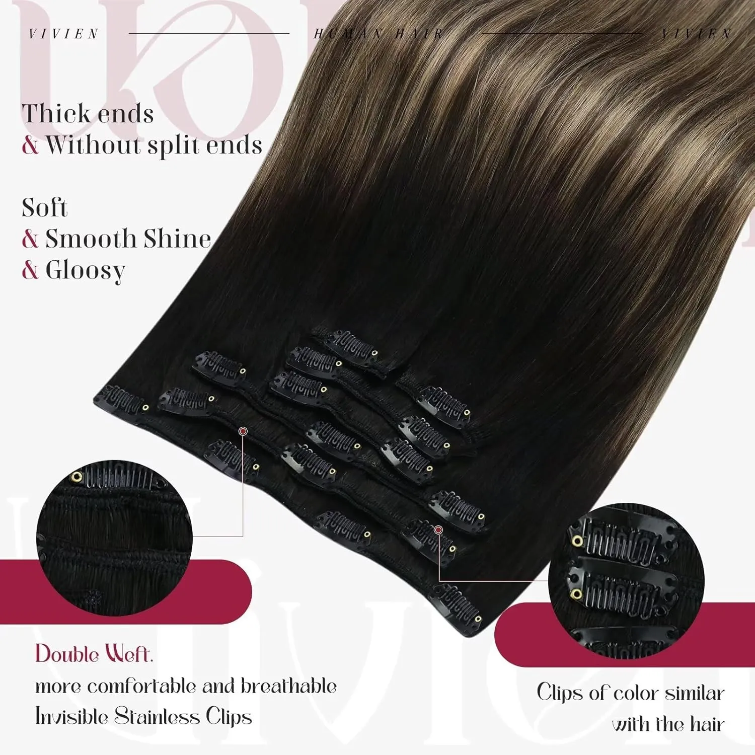 Vivien Black Clip in Hair Extensions - Real Human Hair Balayage Ombre Dark Brown With Caramel Blonde - Remy Human Hair for Women 80g 12 Inch 7pcs