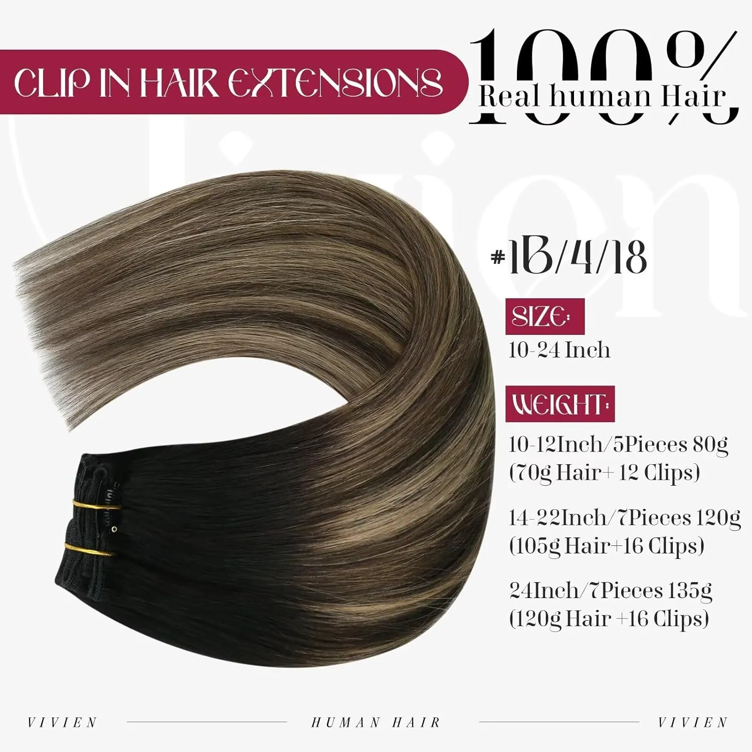 Vivien Black Clip in Hair Extensions - Real Human Hair Balayage Ombre Dark Brown With Caramel Blonde - Remy Human Hair for Women 80g 12 Inch 7pcs
