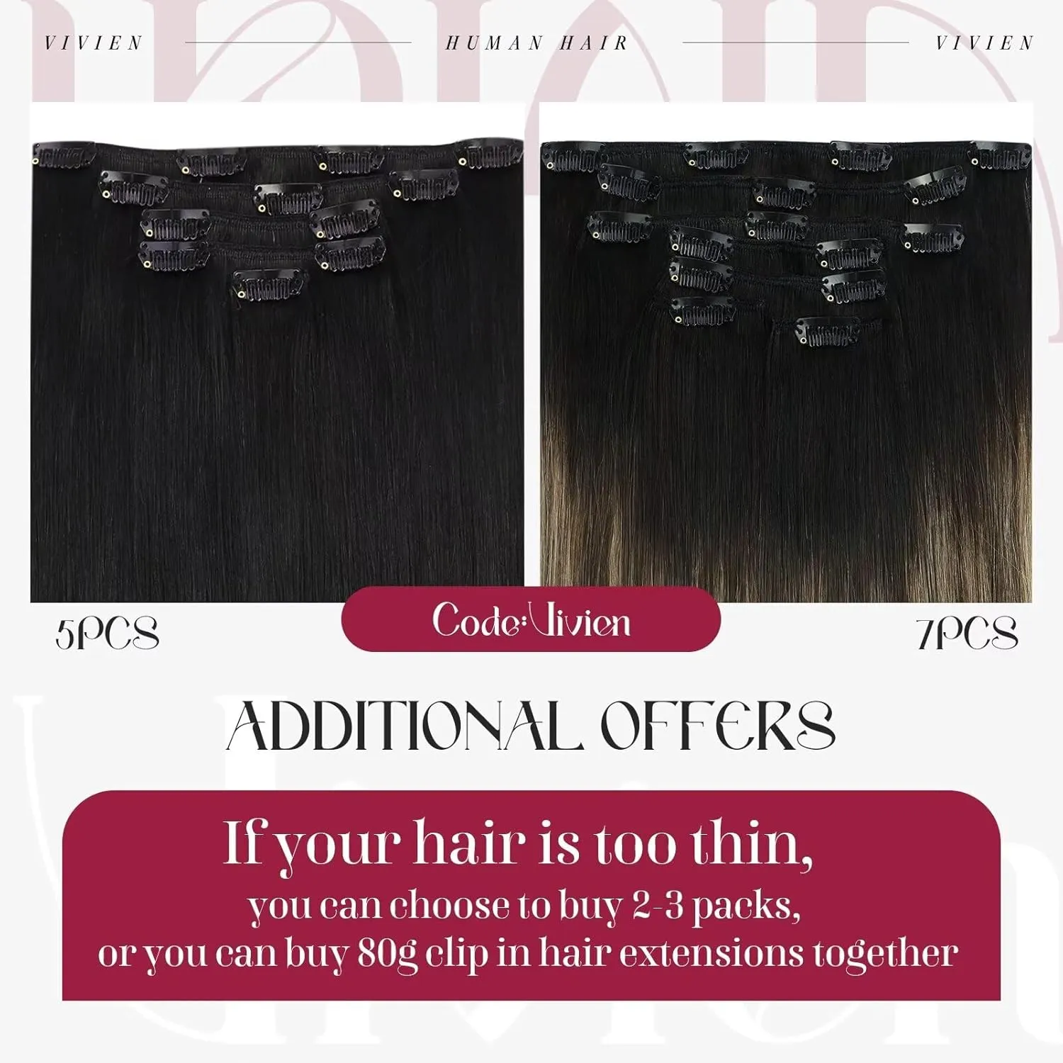 Vivien Black Clip in Hair Extensions - Real Human Hair Balayage Ombre Dark Brown With Caramel Blonde - Remy Human Hair for Women 80g 12 Inch 7pcs