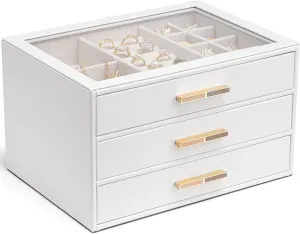 Vlando Jewelry Box for Women, Glass Lid Jewelry Organizer with 3 Drawers for Necklaces Rings Earrings Bracelets Christmas Gift - White