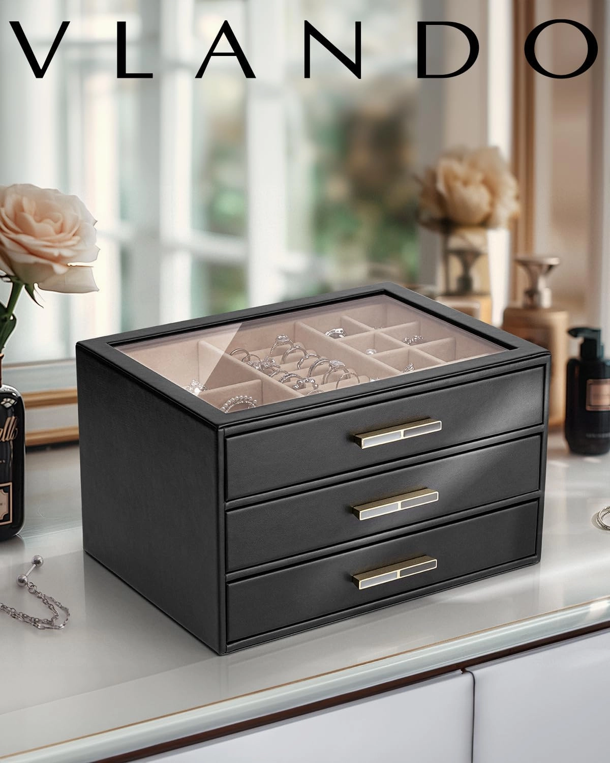 Vlando Jewelry Box for Women, Glass Lid Jewelry Organizer with 3 Drawers for Necklaces Rings Earrings Bracelets - Black