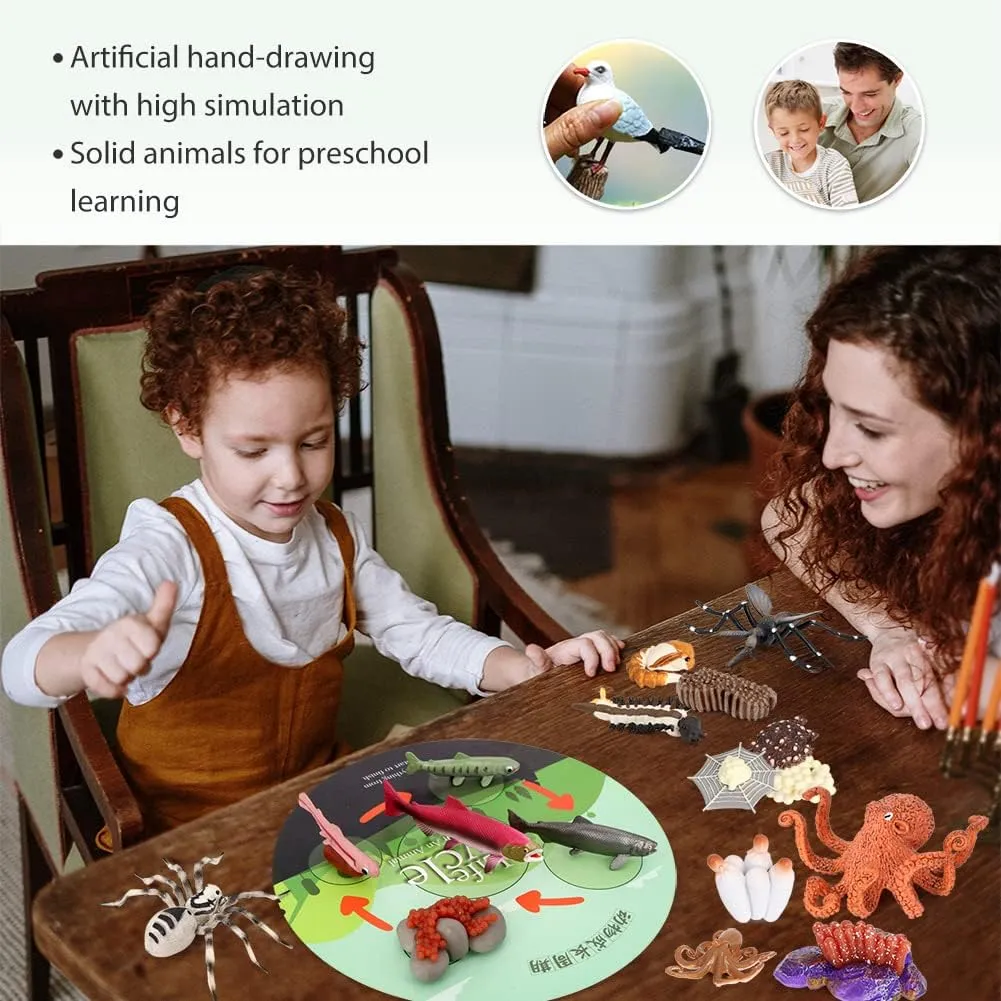 Volnau Animal Figurines Toys 17PCS Life Cycle Figure Set for Toddlers Kids Salmon Octopus Wolf Spider Mosquito Christmas Birthday Gift Preschool Educational Prop