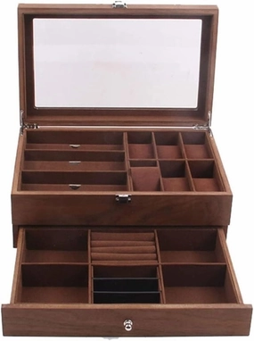 Watch Box Display Organizer Double Layer Retro Wood Eyeglasses Clear Lockable Case
