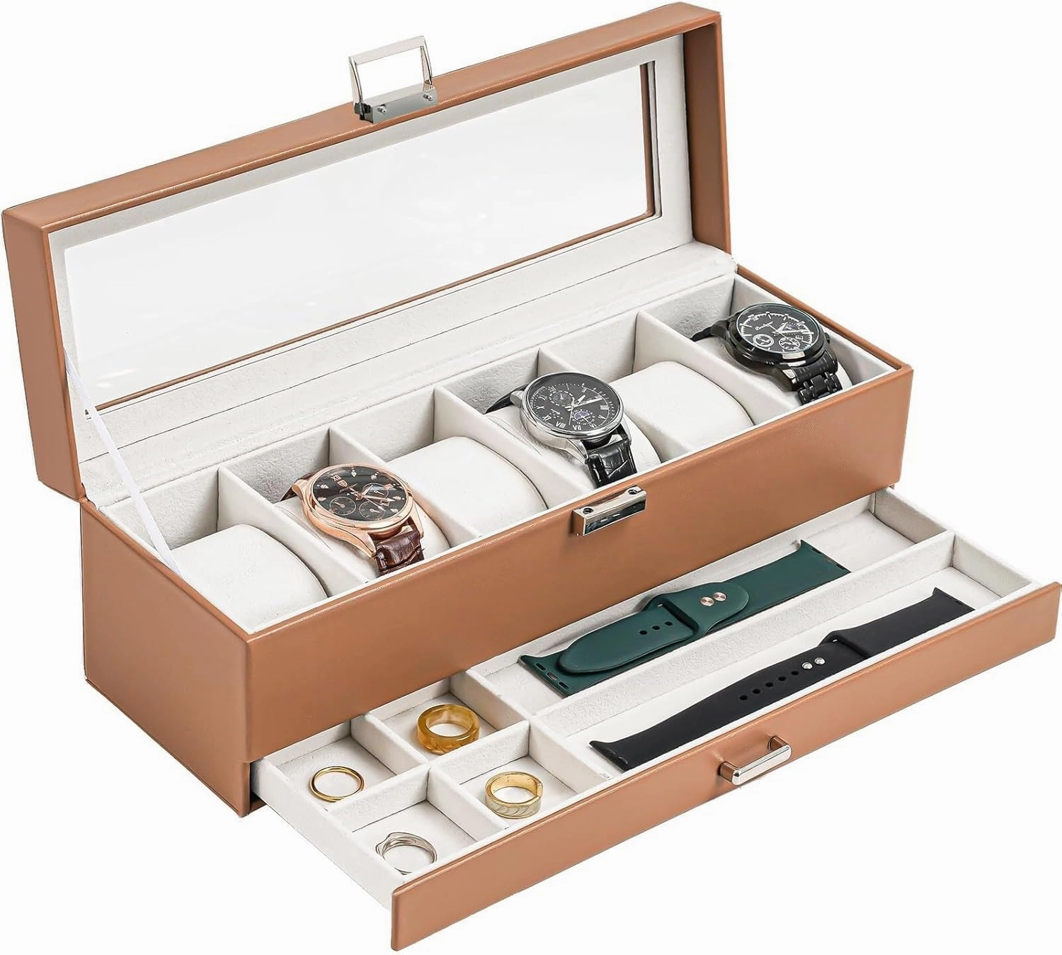 Watch Box for Men – 6 Slot Watch Organizer with Glass Lid & Drawer, 2-Layer PU Leather Display Case, Black(White,3-Slot)
