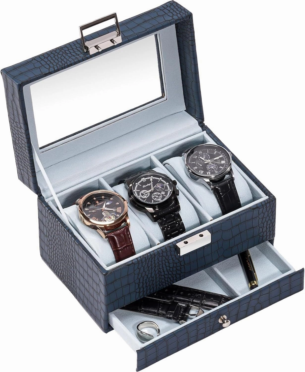 Watch Box for Men – 6 Slot Watch Organizer with Glass Lid & Drawer, 2-Layer PU Leather Display Case, Black(White,3-Slot)