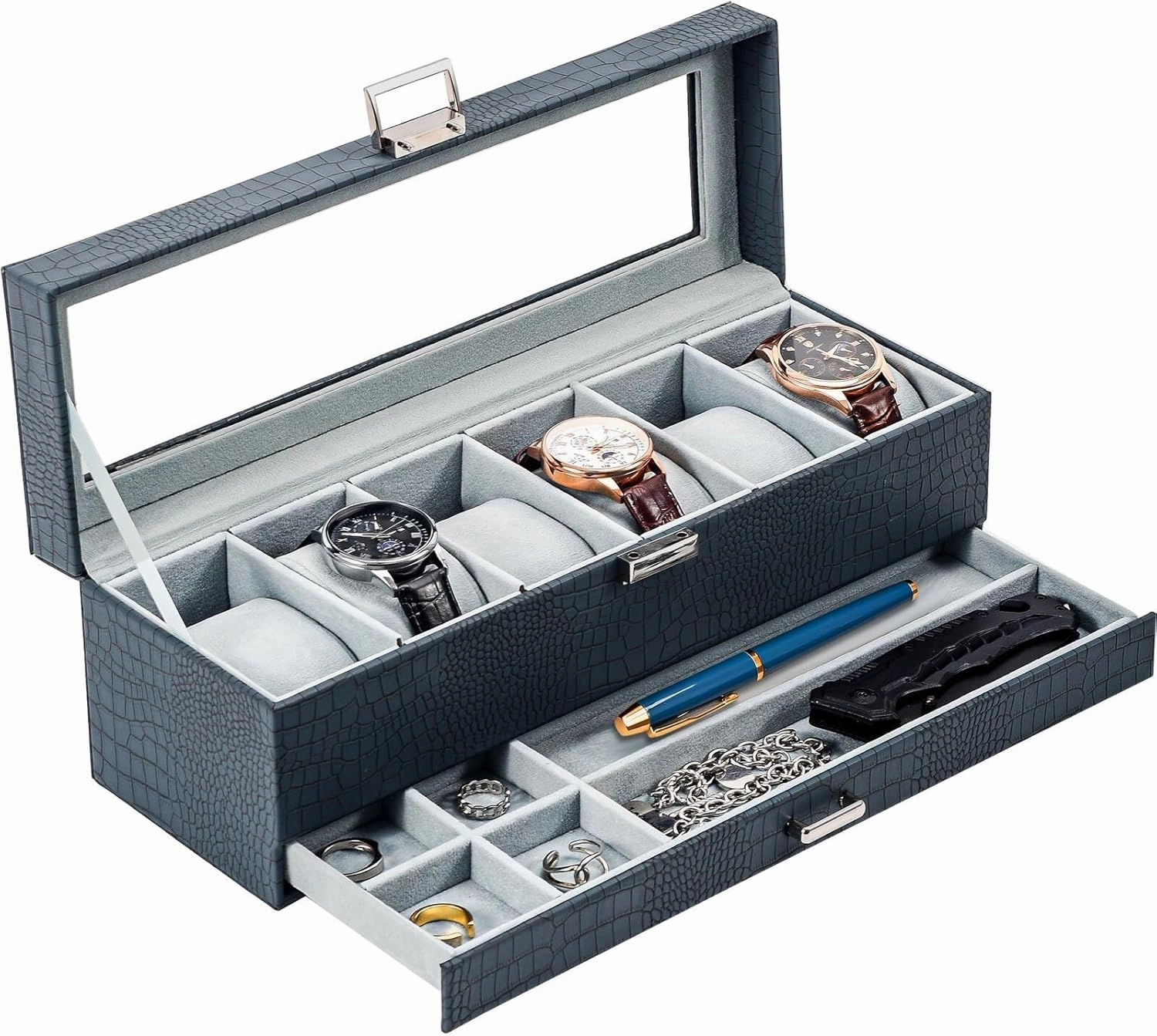 Watch Box for Men – 6 Slot Watch Organizer with Glass Lid & Drawer, 2-Layer PU Leather Display Case, Black(White,3-Slot)