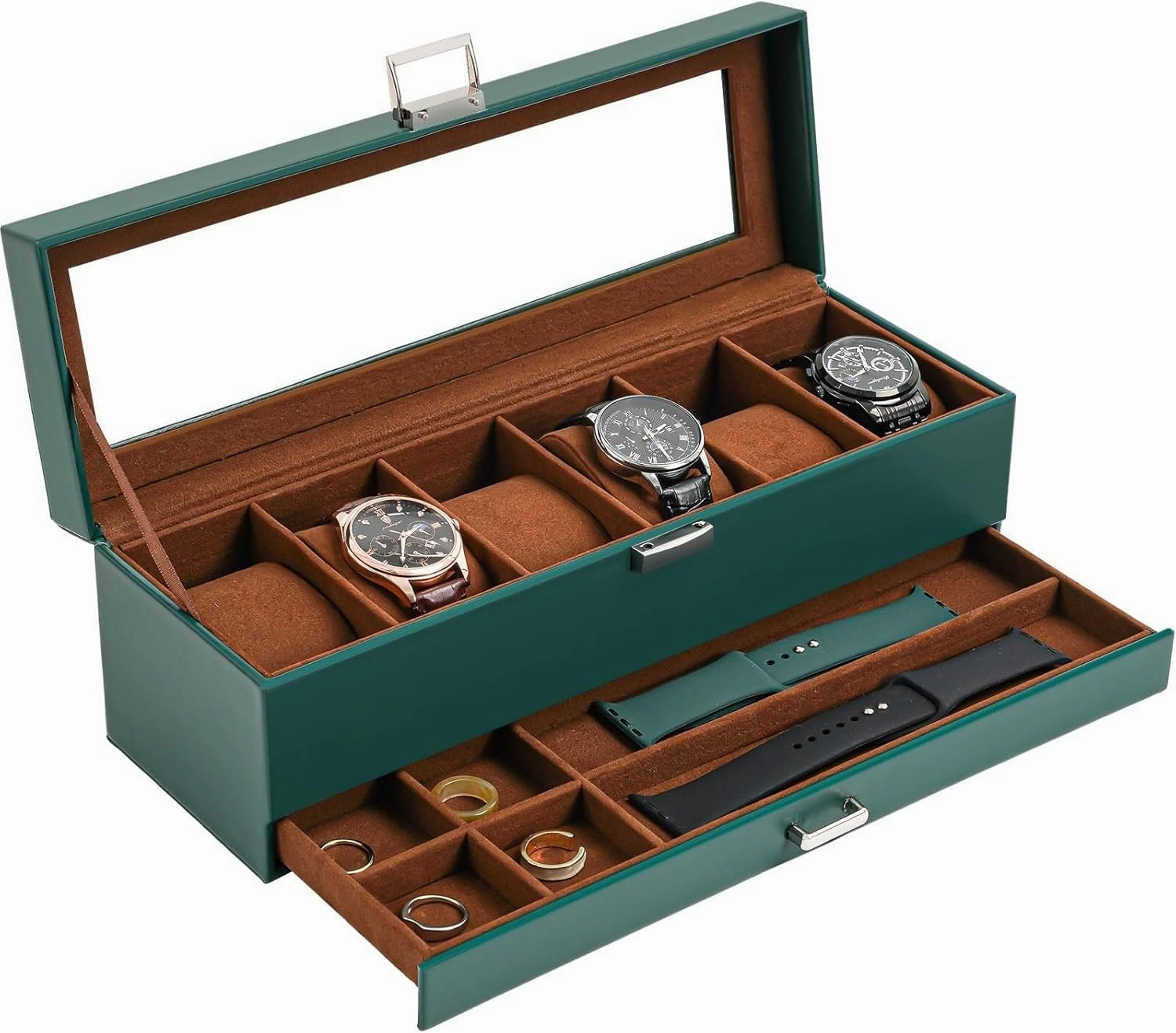 Watch Box for Men – 6 Slot Watch Organizer with Glass Lid & Drawer, 2-Layer PU Leather Display Case, Black(White,3-Slot)