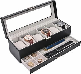 Watch Box for Men – 6 Slot Watch Organizer with Glass Lid & Drawer, 2-Layer PU Leather Display Case, Black(White,3-Slot)