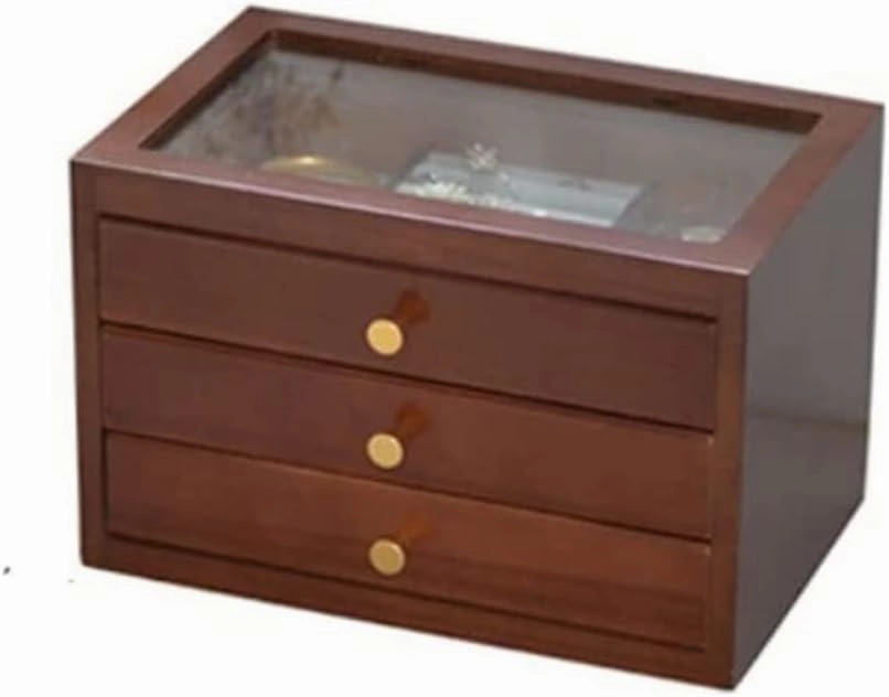 Watch Case Jewelry Box, Earrings Necklace Watch Storage Box for Desktop, 2/3Drawer Solid Wood Storage Box Glass Cover Watch Box