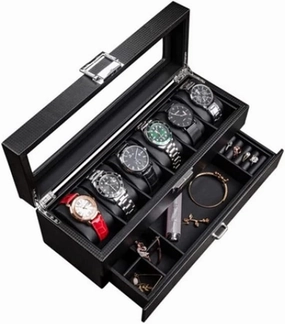 Watch Case Watch Roll Watch Box Earrings Necklace Leather Drawer Storage Box with Lock Transparent Glass Top Cover Watch Box Watch Winder(6 Epitope)