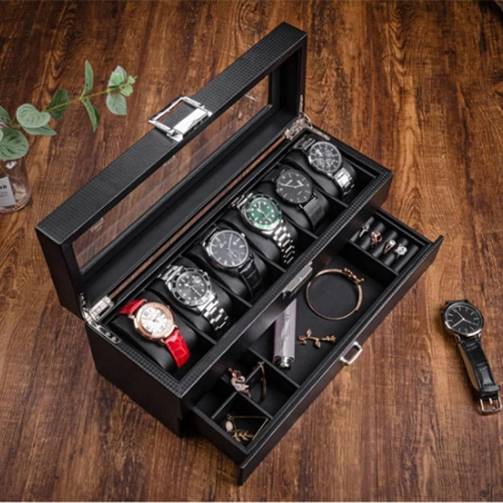 Watch Case Watch Roll Watch Box Earrings Necklace Leather Drawer Storage Box with Lock Transparent Glass Top Cover Watch Box Watch Winder(6 Epitope)
