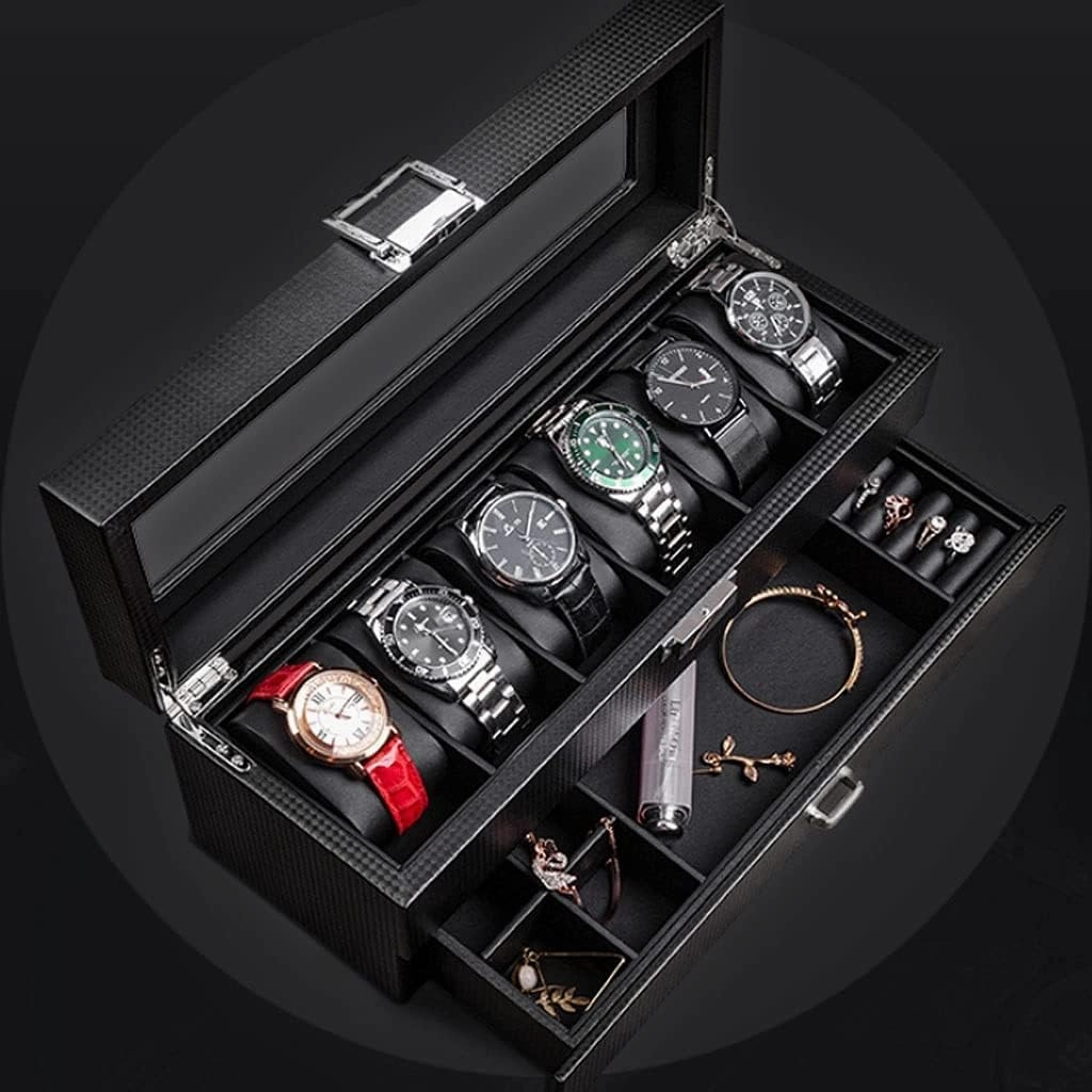 Watch Case Watch Roll Watch Box Earrings Necklace Leather Drawer Storage Box with Lock Transparent Glass Top Cover Watch Box Watch Winder(6 Epitope)