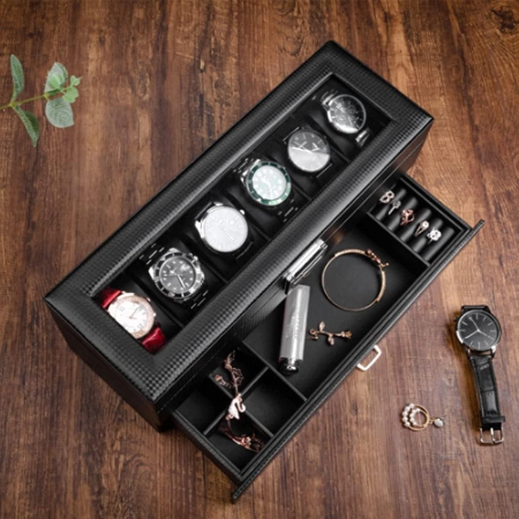 Watch Case Watch Roll Watch Box Earrings Necklace Leather Drawer Storage Box with Lock Transparent Glass Top Cover Watch Box Watch Winder(6 Epitope)