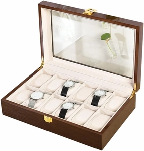 Watch Case Watch Roll Watch Winder Modern Wood Watch Box Organizer 10 Slot Watch Display Case Jewelry Showcase With Clear Top Metal Lock Watch Box Watch Organizer(Brown-31.5 * 20.5 * 8cm)