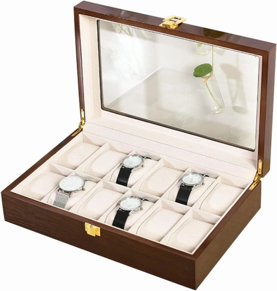 Watch Case Watch Roll Watch Winder Modern Wood Watch Box Organizer 10 Slot Watch Display Case Jewelry Showcase With Clear Top Metal Lock Watch Box Watch Organizer(Brown-31.5 * 20.5 * 8cm)
