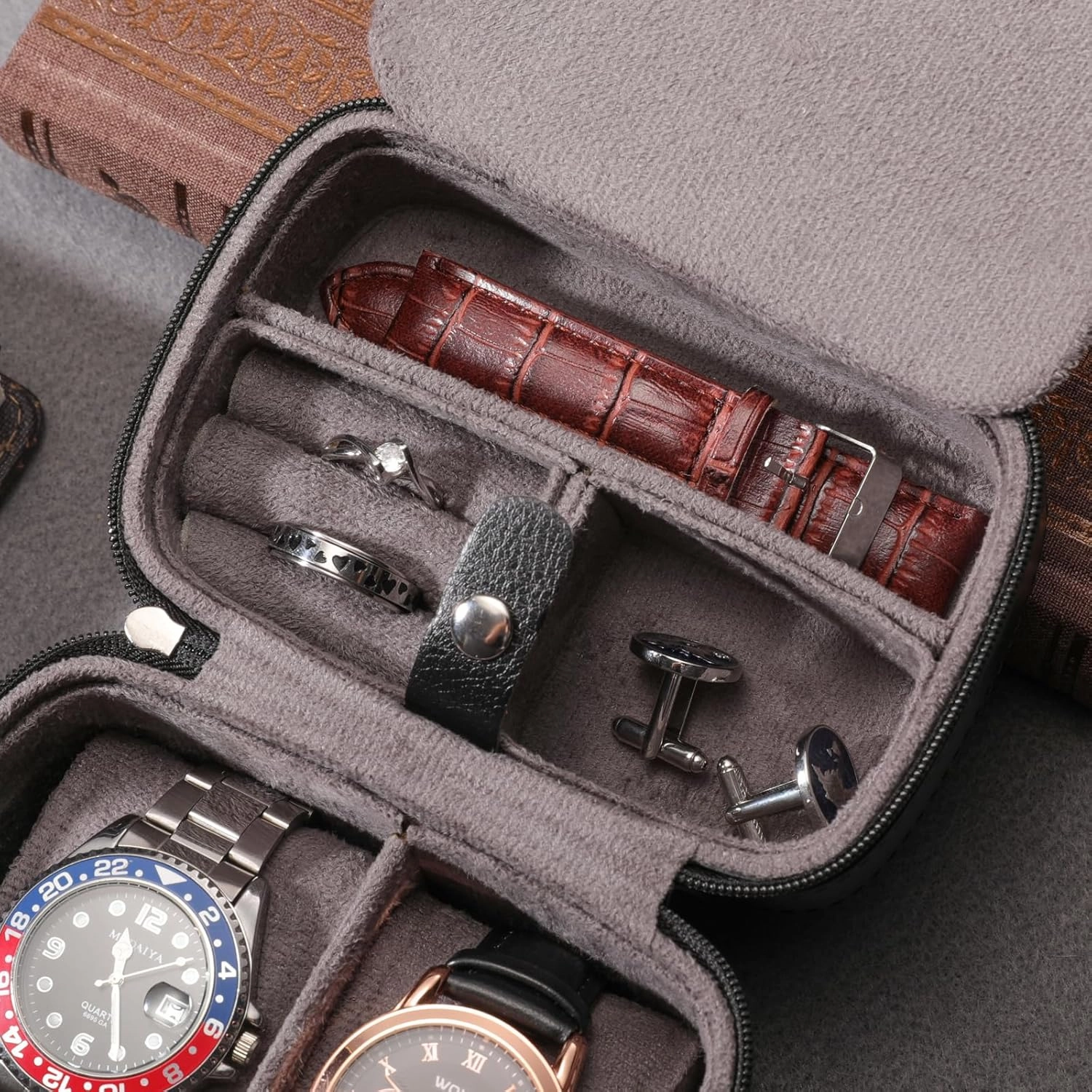 Watch Travel Case - 2 Slot Watch Case with Soft Lining and Accessories Compartment, Gift for Watch Lovers (Black & Slate)