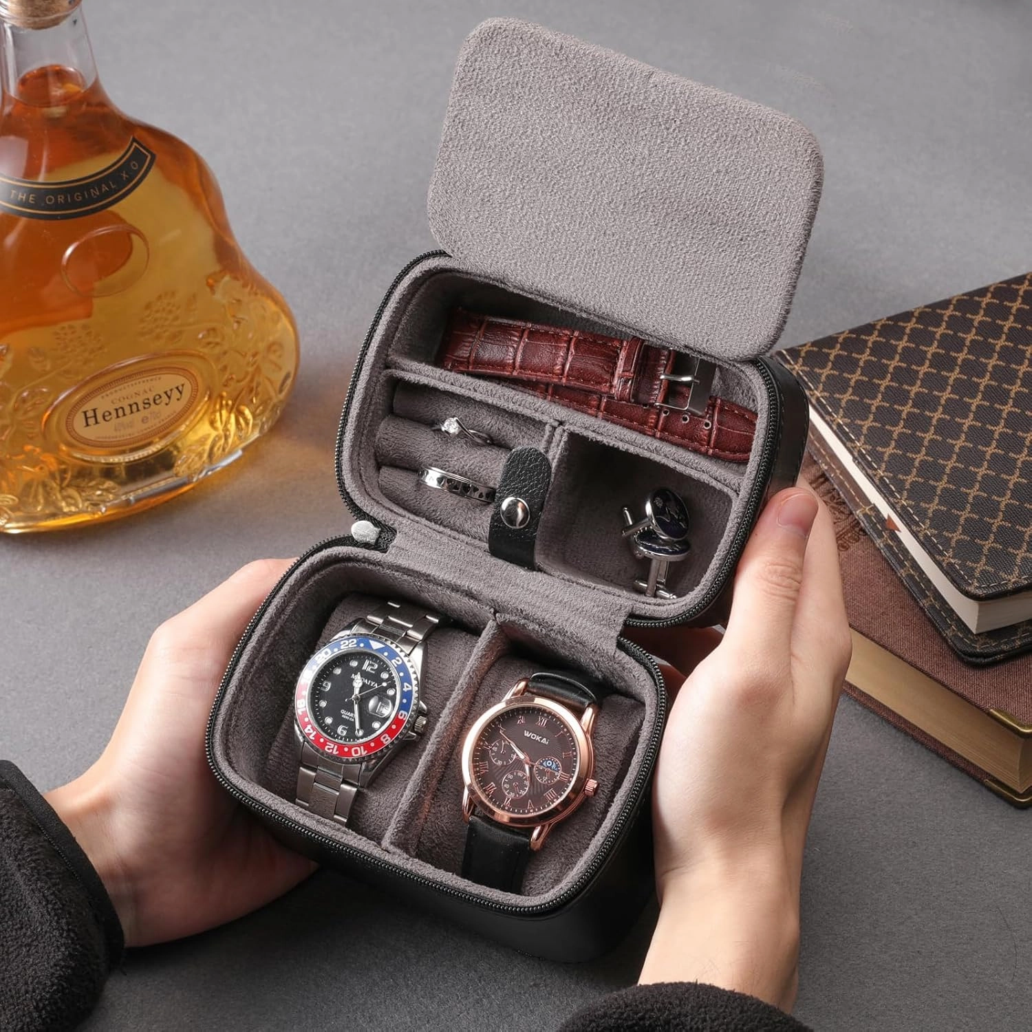 Watch Travel Case - 2 Slot Watch Case with Soft Lining and Accessories Compartment, Gift for Watch Lovers (Black & Slate)