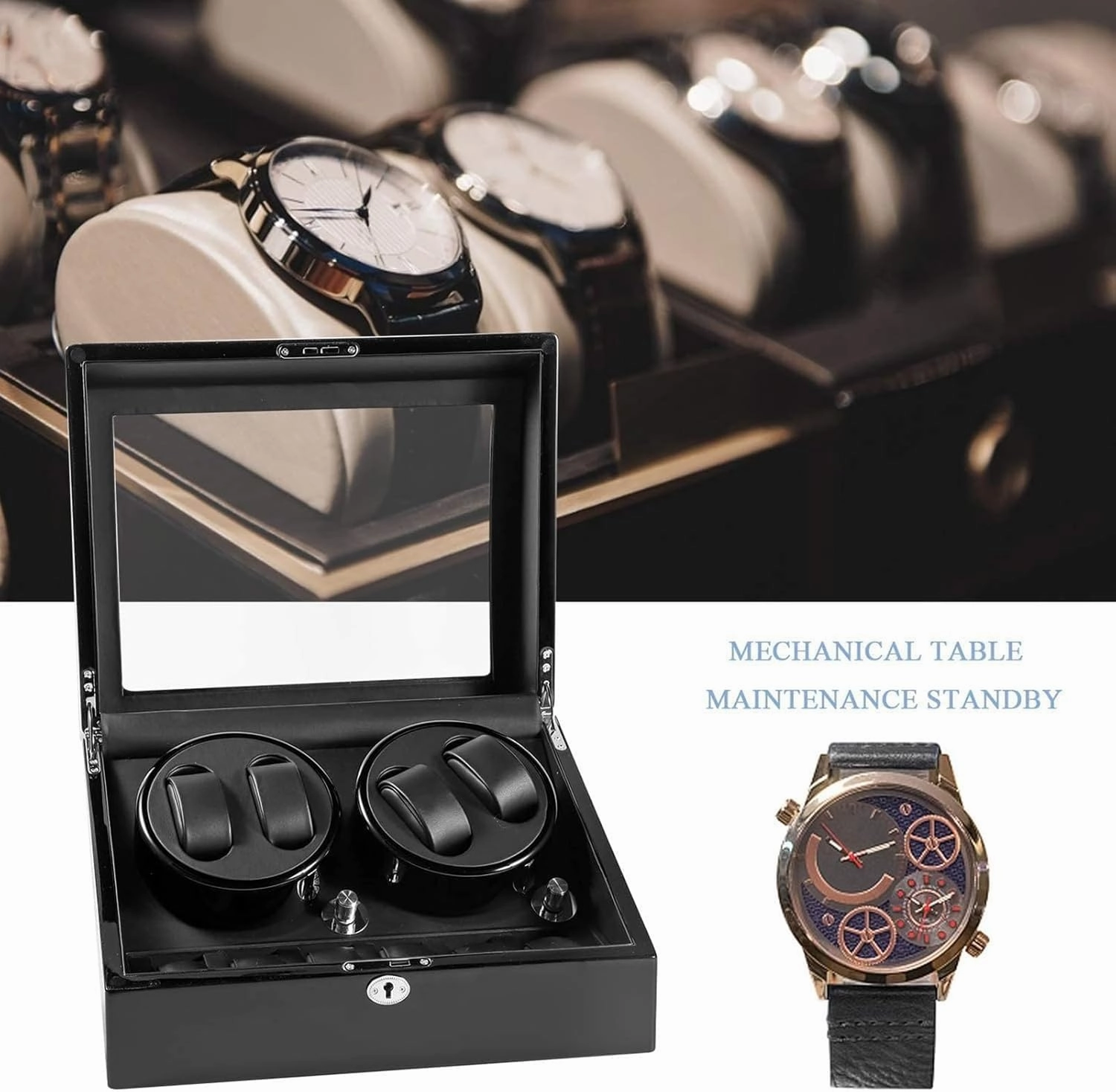 Watch Winder Automatic Watch Winder Box Self-Winding Mechanical Watch Rocker Storage Display Case with 4 Watch Winder Positions and 6 Display Storage Spaces wit