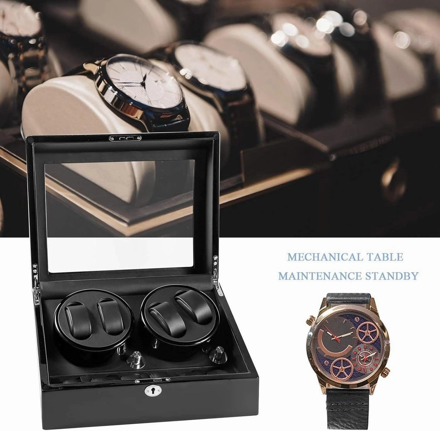 Watch Winder Automatic Watch Winder Box Self-Winding Mechanical Watch Rocker Storage Display Case with 4 Watch Winder Positions and 6 Display Storage Spaces wit