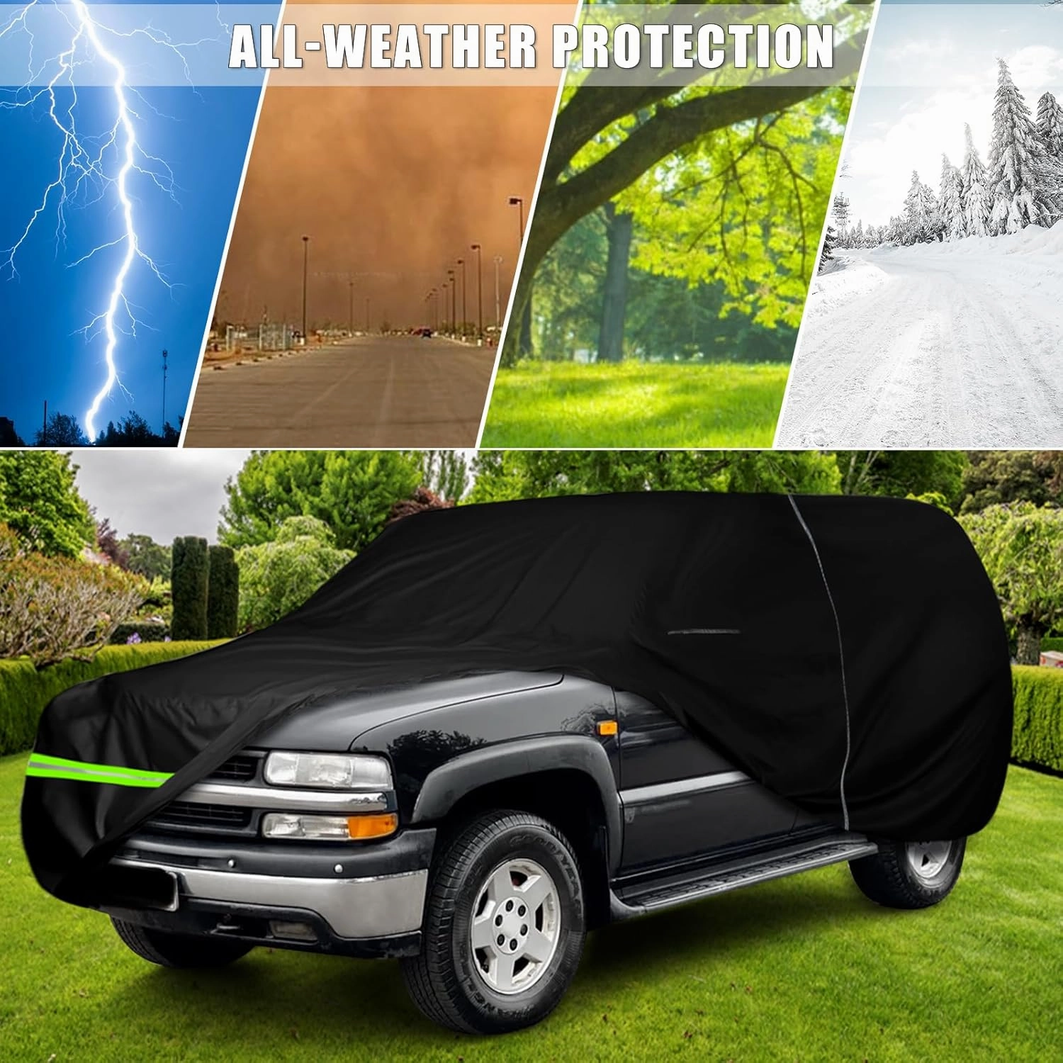Waterproof Car Cover Replace for 1992-2006 Chevy Tahoe/GMC Yukon/Cadillac Escalade, 6 Layers All Weather Car Cover with Zipper Door & Windproof Bands for Snow Rain Dust Protection