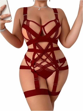 WDIRARA Women's Exotic Strappy Harness Hollow Out Underwired 4 Piece Lingerie Set