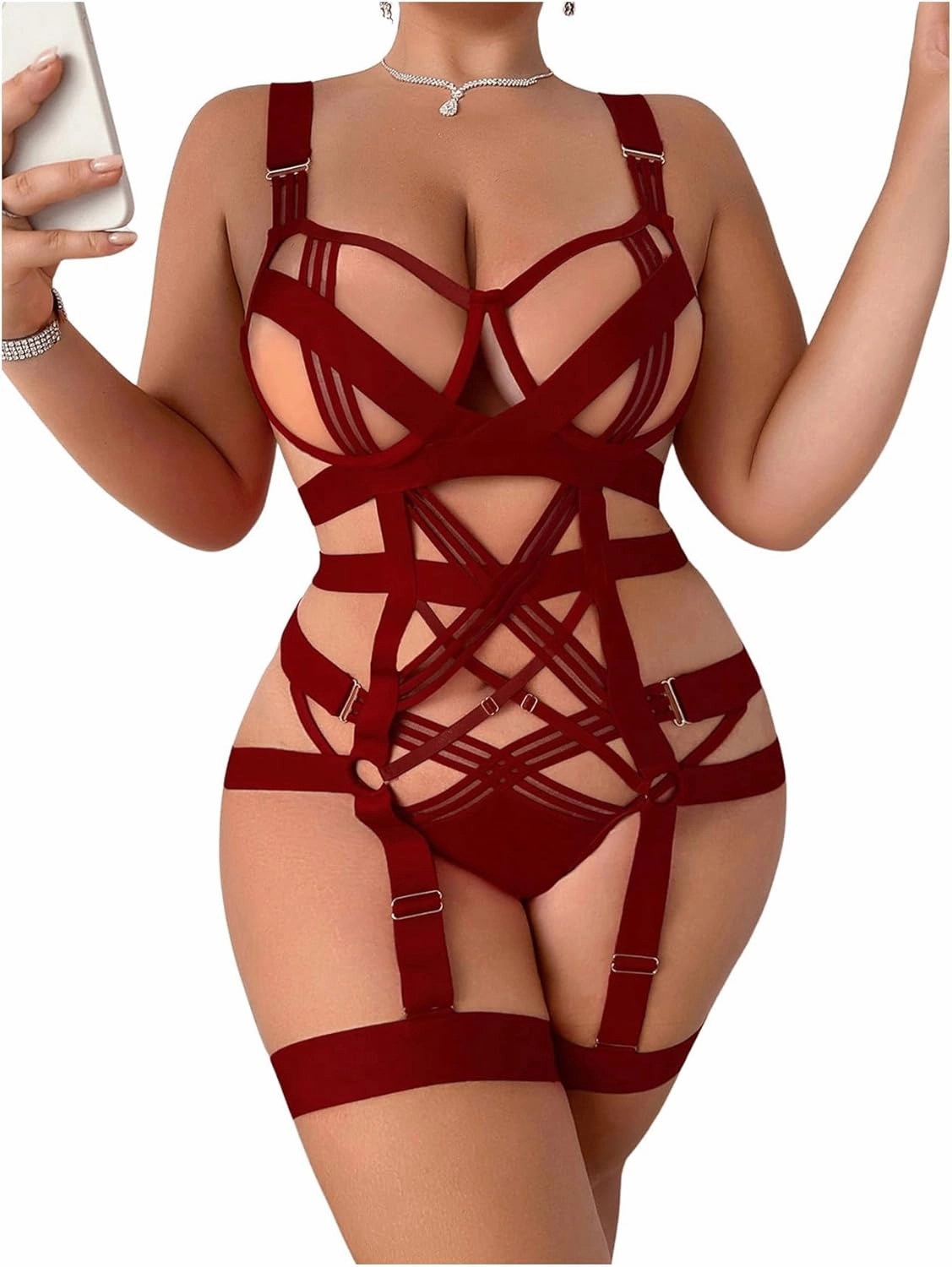 WDIRARA Women's Exotic Strappy Harness Hollow Out Underwired 4 Piece Lingerie Set