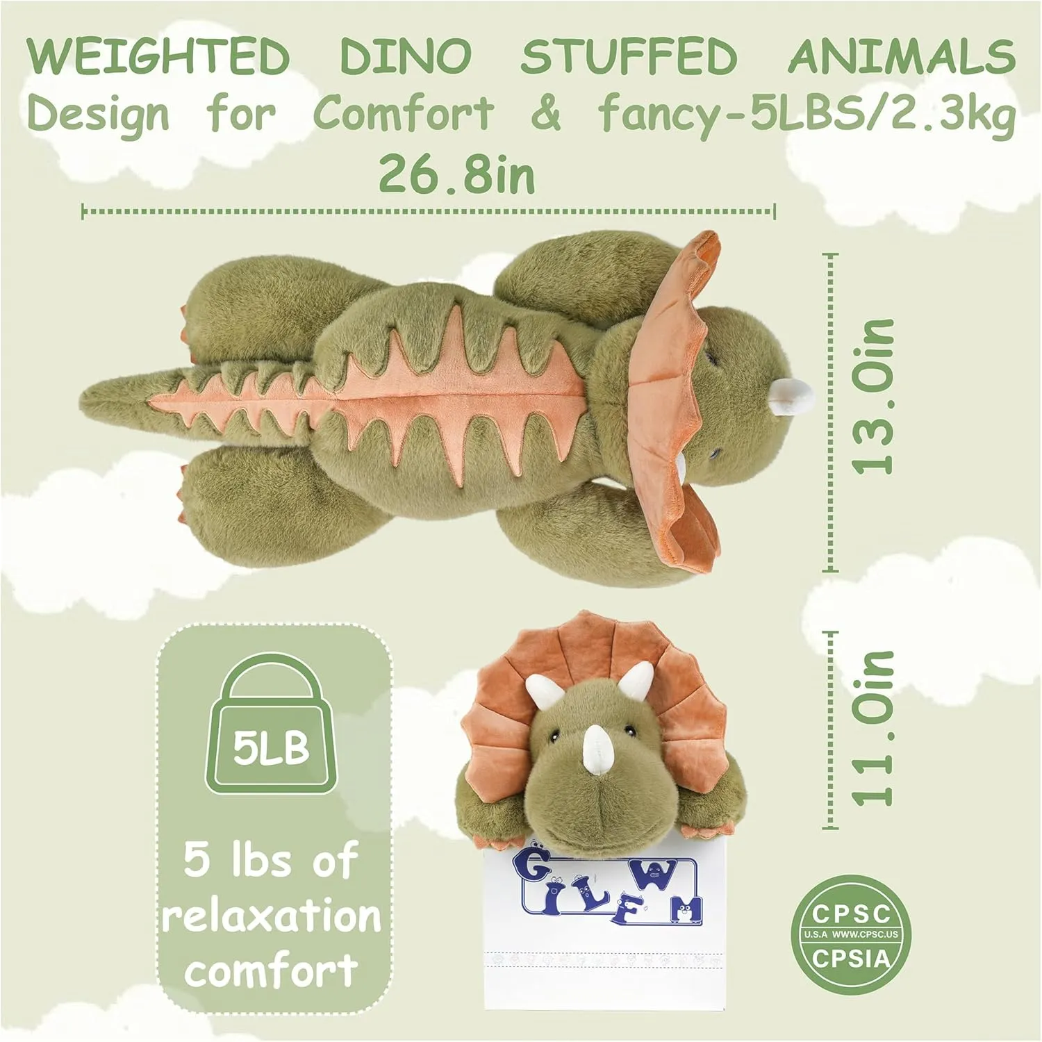 Weighted Stuffed Animals Dinosaur - 26.8" Big Stuffed Animal Toy Pillow for Kids & Adults, 5 lbs Ultra-Soft Washable Weighted Dino Plush