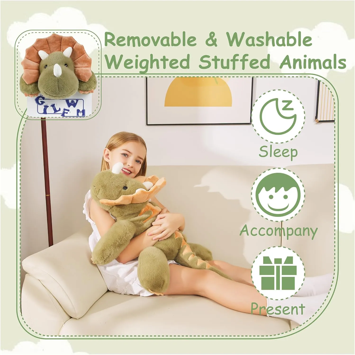 Weighted Stuffed Animals Dinosaur - 26.8" Big Stuffed Animal Toy Pillow for Kids & Adults, 5 lbs Ultra-Soft Washable Weighted Dino Plush