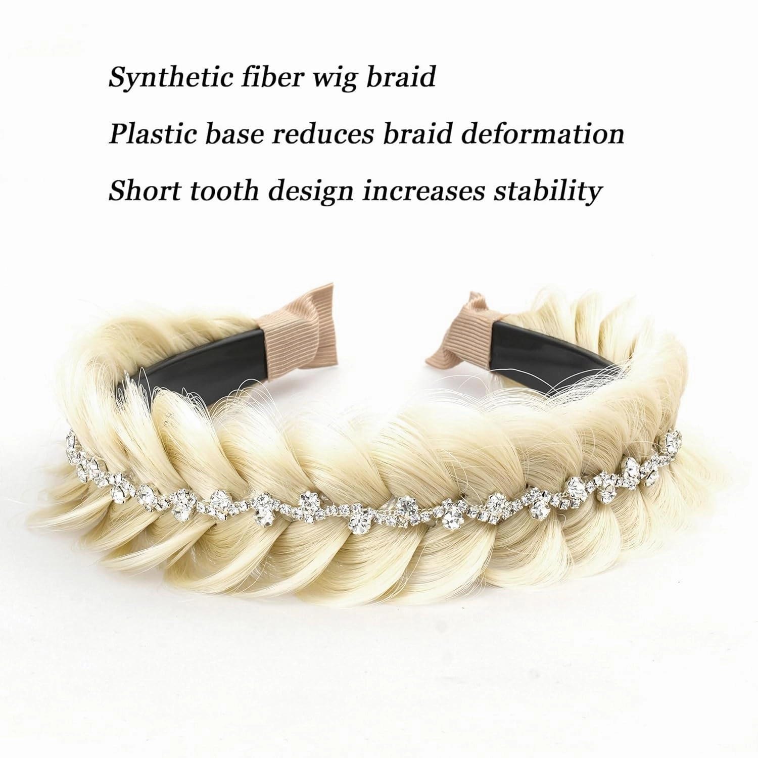 Wide Fishtail Braid Braided Headband Crystal Deco Style Messy Braided Headband Hoop Elastic Non-slip Band for Women and Girl Fashion Hair Accessories(Blonde)