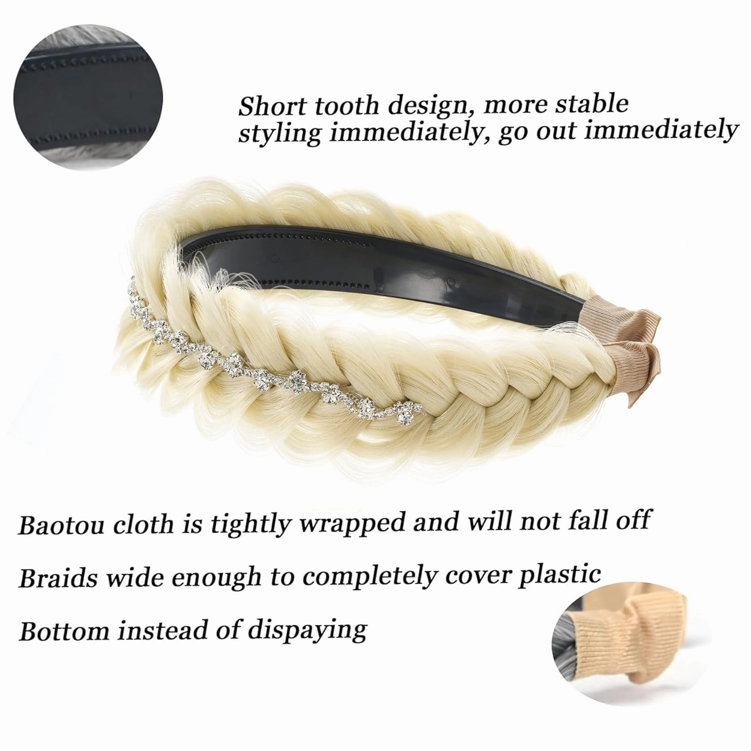 Wide Fishtail Braid Braided Headband Crystal Deco Style Messy Braided Headband Hoop Elastic Non-slip Band for Women and Girl Fashion Hair Accessories(Blonde)