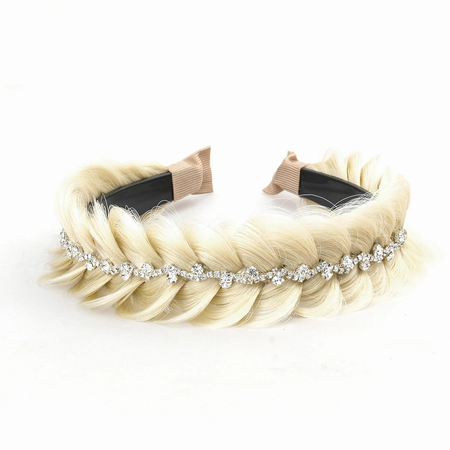Wide Fishtail Braid Braided Headband Crystal Deco Style Messy Braided Headband Hoop Elastic Non-slip Band for Women and Girl Fashion Hair Accessories(Blonde)