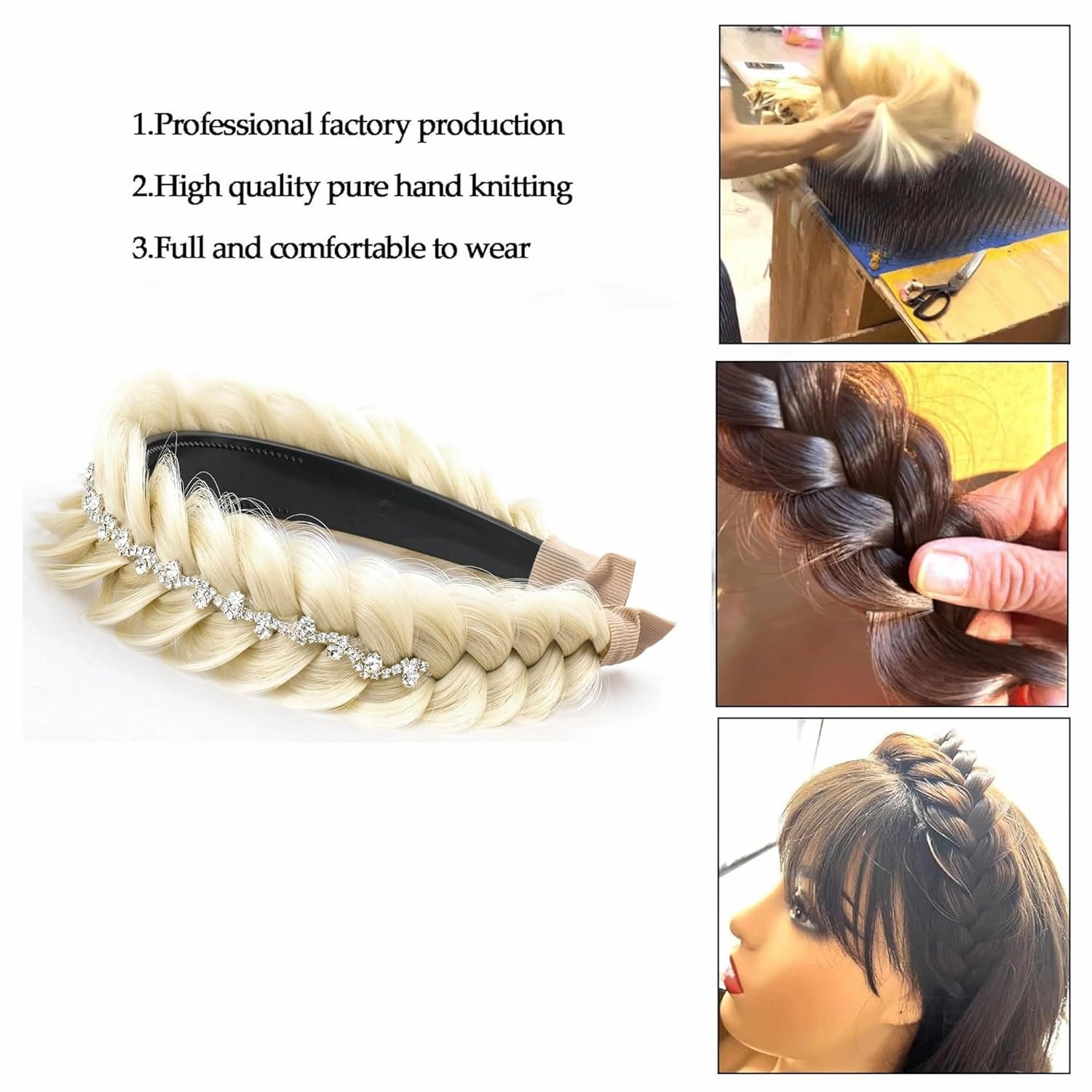 Wide Fishtail Braid Braided Headband Crystal Deco Style Messy Braided Headband Hoop Elastic Non-slip Band for Women and Girl Fashion Hair Accessories(Blonde)
