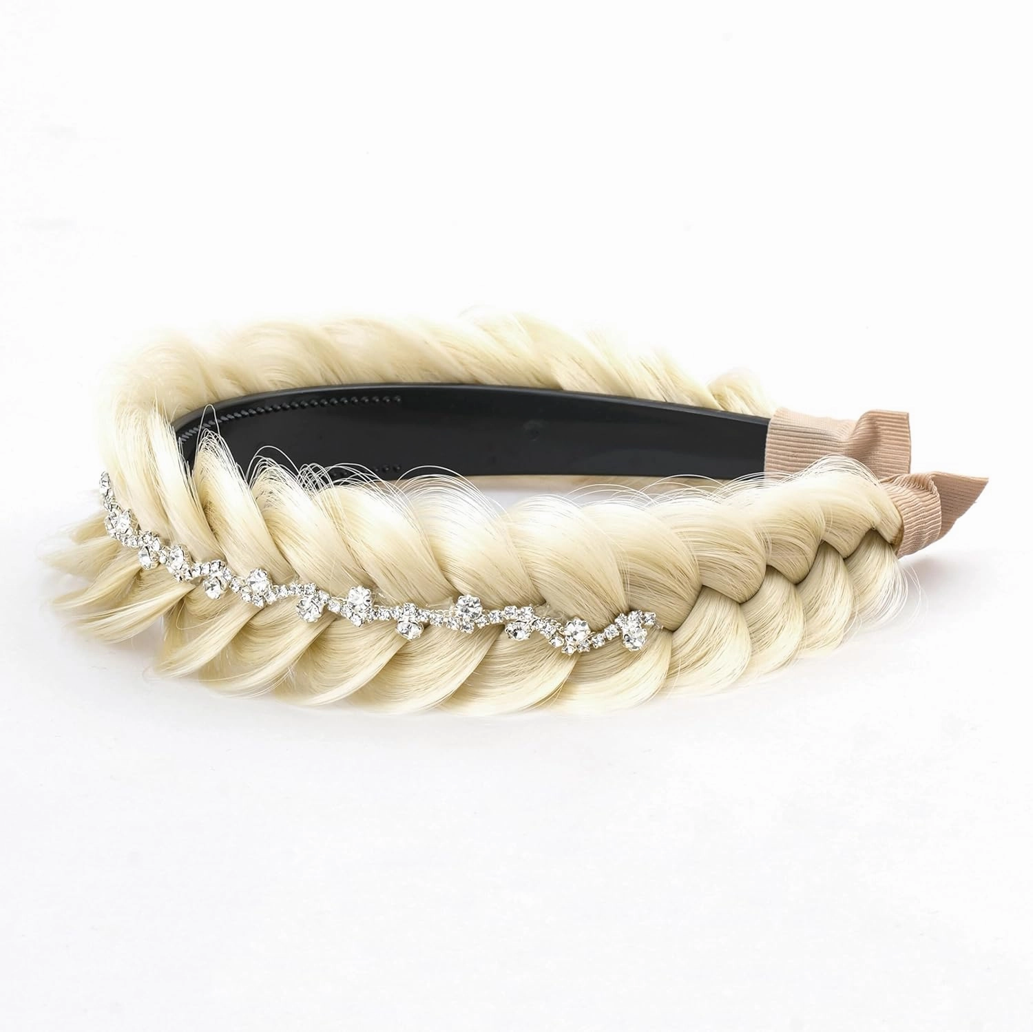 Wide Fishtail Braid Braided Headband Crystal Deco Style Messy Braided Headband Hoop Elastic Non-slip Band for Women and Girl Fashion Hair Accessories(Blonde)