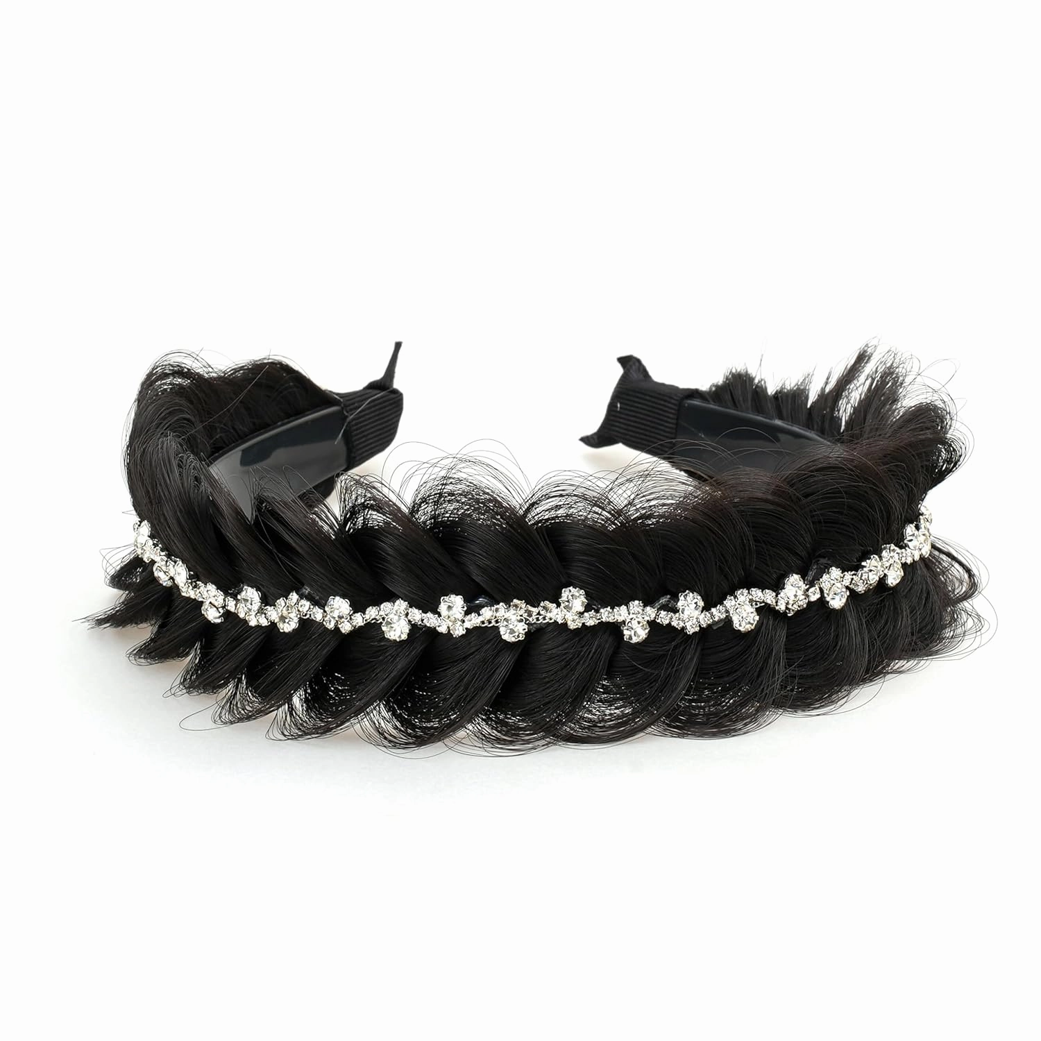 Wide Fishtail Braid Braided Headband Crystal Deco Style Messy Braided Headband Hoop Elastic Non-slip Band for Women and Girl Fashion Hair Accessories（Dark Brown）
