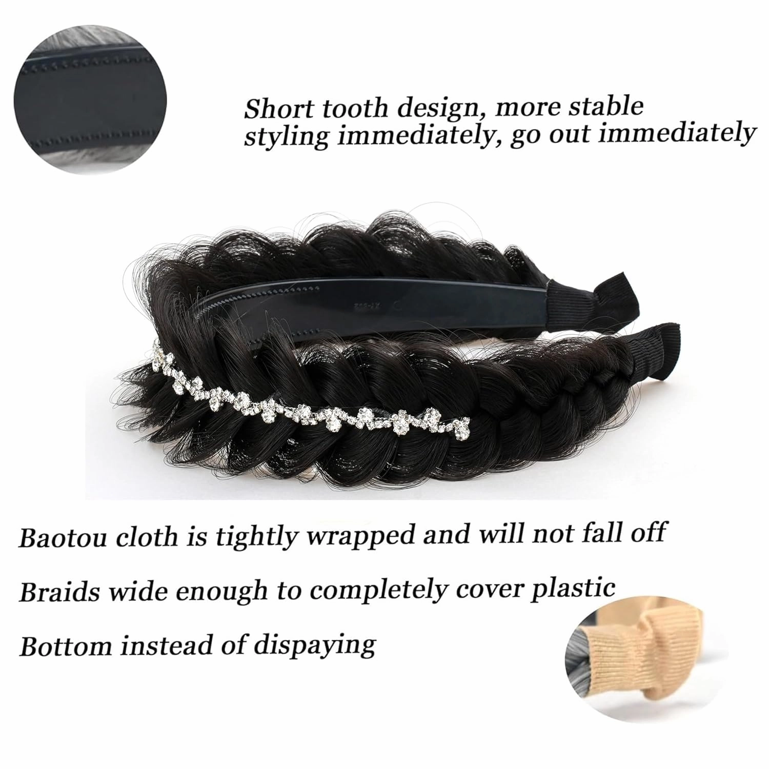 Wide Fishtail Braid Braided Headband Crystal Deco Style Messy Braided Headband Hoop Elastic Non-slip Band for Women and Girl Fashion Hair Accessories（Dark Brown）