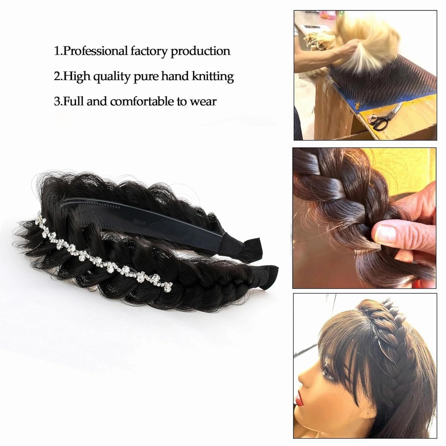 Wide Fishtail Braid Braided Headband Crystal Deco Style Messy Braided Headband Hoop Elastic Non-slip Band for Women and Girl Fashion Hair Accessories（Dark Brown）