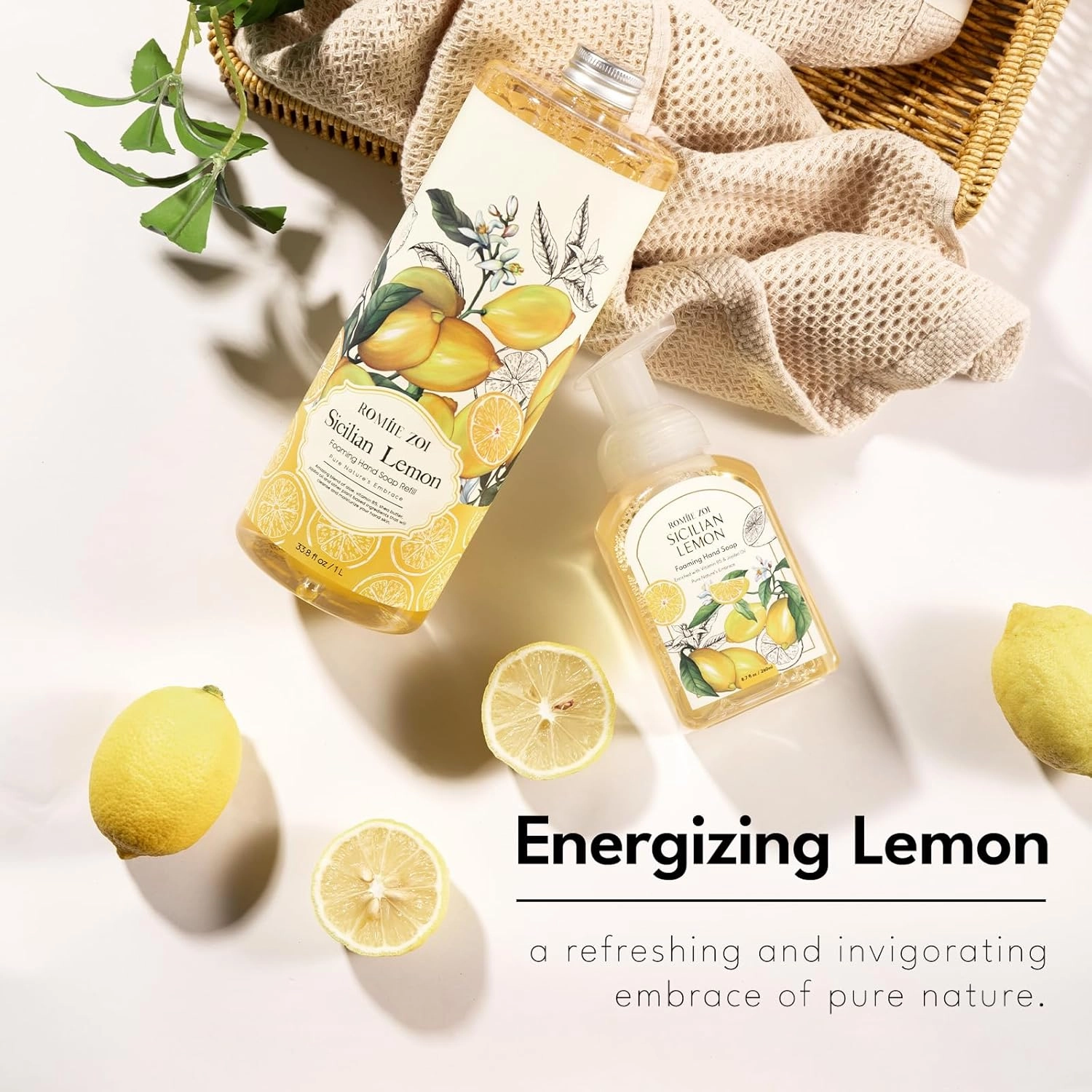 Wild Lemon Scented Foaming Hand Soap Refill Gift Set -3 Pack with Dispenser, Non-Toxic and Biodegradable Formula, Moisturizing with Essential Oil for Sensitive Skin (33.8 Fl Oz x 3)