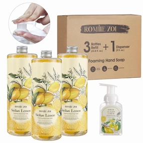 Wild Lemon Scented Foaming Hand Soap Refill Gift Set -3 Pack with Dispenser, Non-Toxic and Biodegradable Formula, Moisturizing with Essential Oil for Sensitive Skin (33.8 Fl Oz x 3)