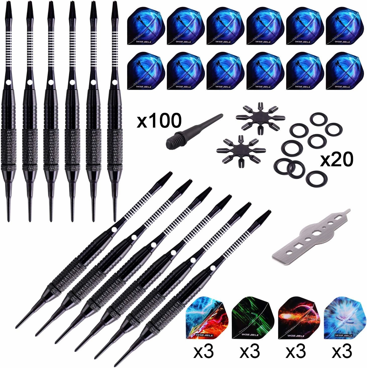 WIN.MAX Darts Plastic Tip - Soft Tip Darts Set - 12 Pcs 18 Gram with 100 Extra Dart Tips 12 Flights Flight Protectors and Wrench for Electronic Dart Board