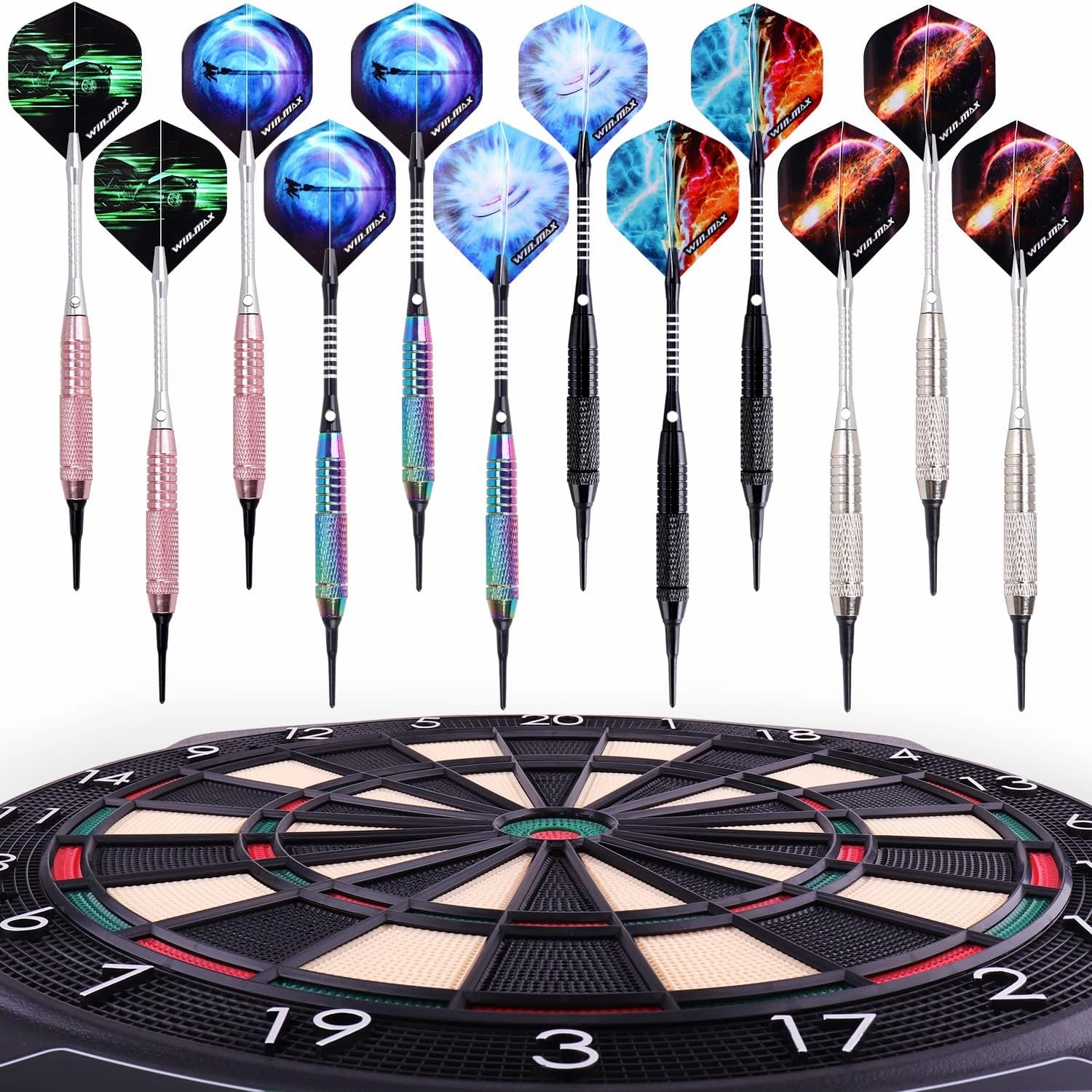 WIN.MAX Darts Plastic Tip - Soft Tip Darts Set - 12 Pcs 18 Gram with 100 Extra Dart Tips 12 Flights Flight Protectors and Wrench for Electronic Dart Board