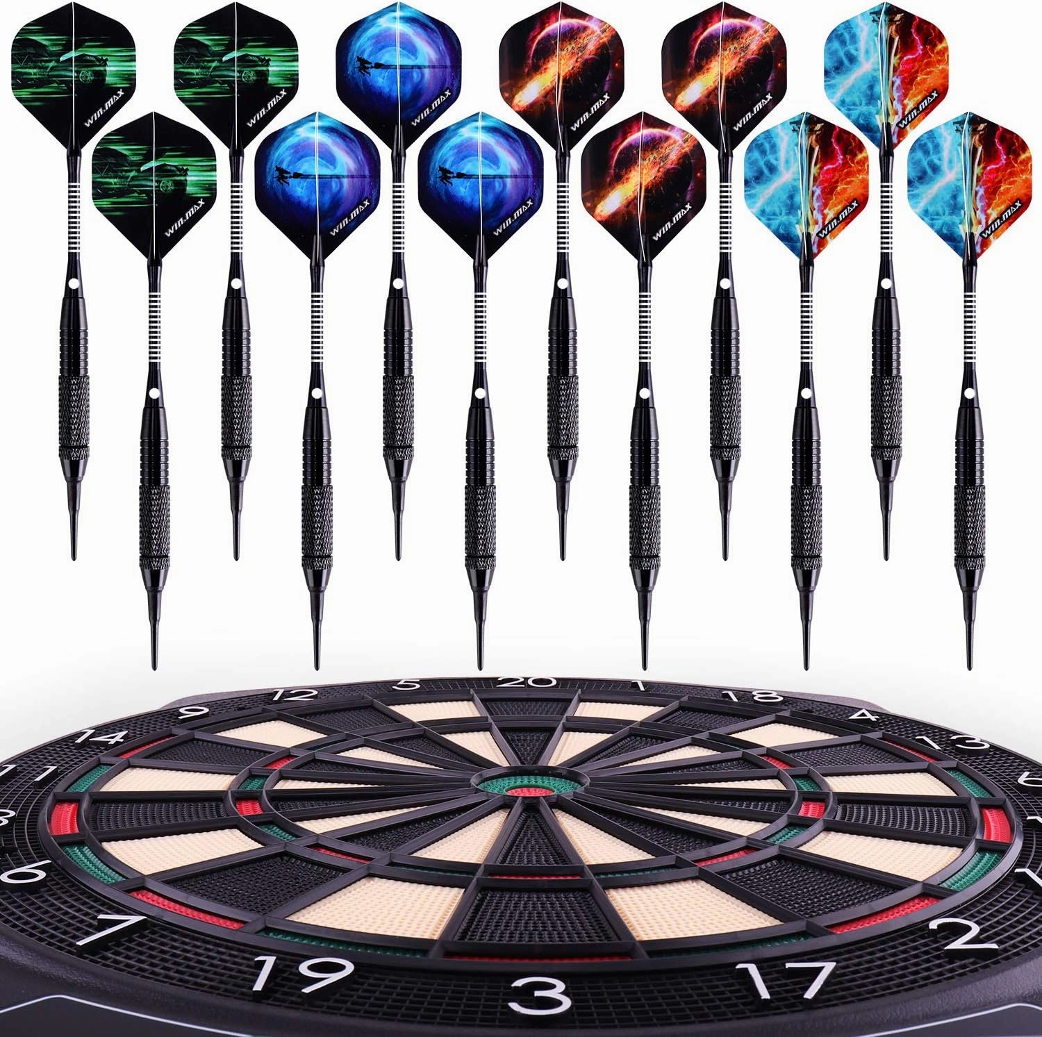 WIN.MAX Darts Plastic Tip - Soft Tip Darts Set - 12 Pcs 18 Gram with 100 Extra Dart Tips 12 Flights Flight Protectors and Wrench for Electronic Dart Board