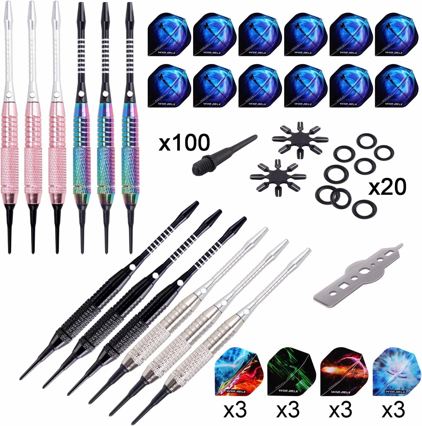 WIN.MAX Darts Plastic Tip - Soft Tip Darts Set - 12 Pcs 18 Gram with 100 Extra Dart Tips 12 Flights Flight Protectors and Wrench for Electronic Dart Board