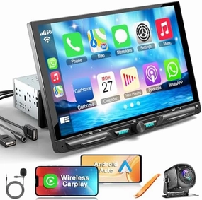 Wireless 10.1" Single Din Car Stereo CarPlay Radio, Carplay Android Auto Touch Screen, Bluetooth 5.3, Car Audio Receiver, 240W Subwoofer, Backup Camera, FM/AM SWC