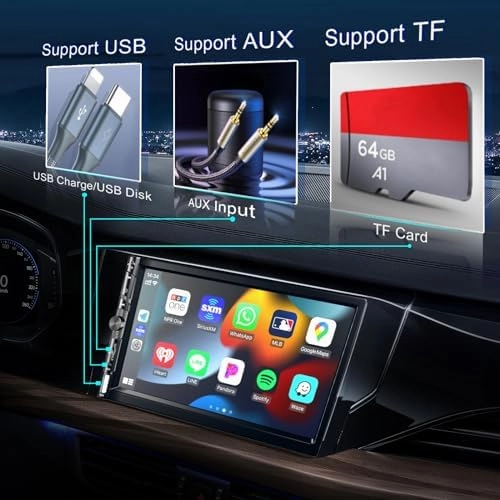 Wireless 7 Inch Double Din Car Stereo with Apple Carplay,HD 1024 * 600 Touch Screen,FM Car Radio Receiver with Bluetooth 5.1 Hands-Free,GPS Navigation,Backup Camera,Android Auto,USB/AUX/TF/SWC/EQ